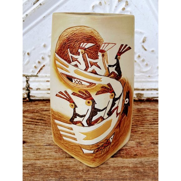 Vintage MCM Picasso Style Two Sided Vase Split Face And Tribal Women Rowing Boat - Picture 2 of 13